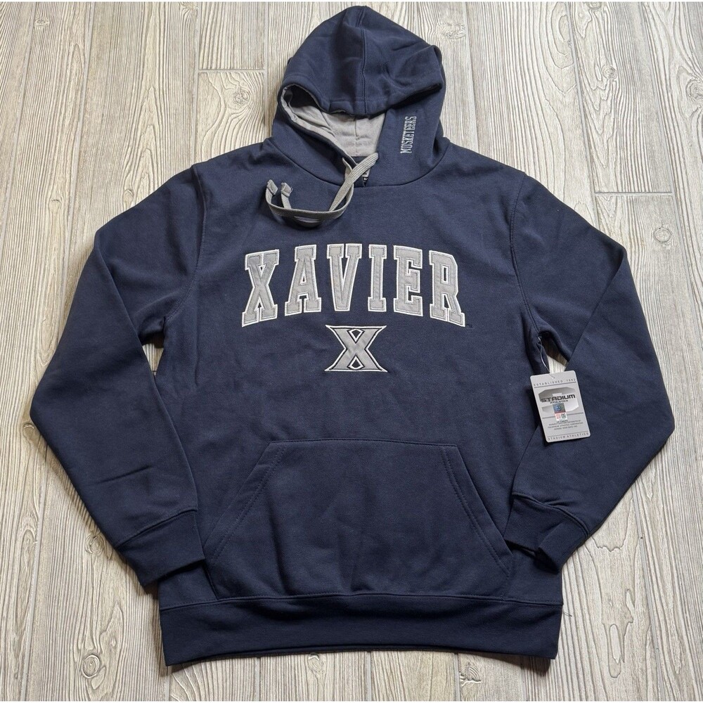 Xavier Musketeers Logo Hoodie Men’s M Blue Stadium Athletics Sewn Letters  New